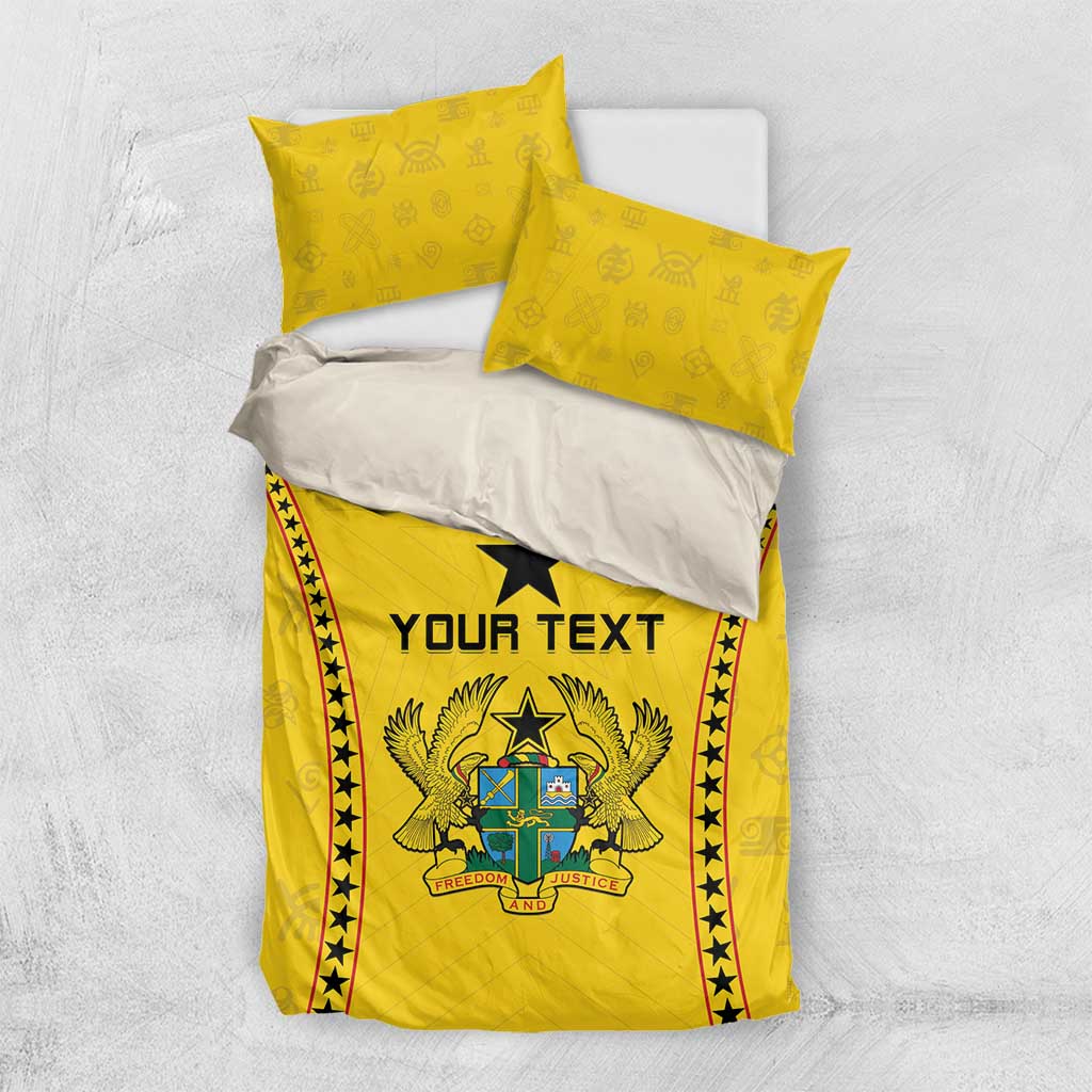 Yellow bedding set top view with duvet and two pillows, black star and “YOUR TEXT” panel