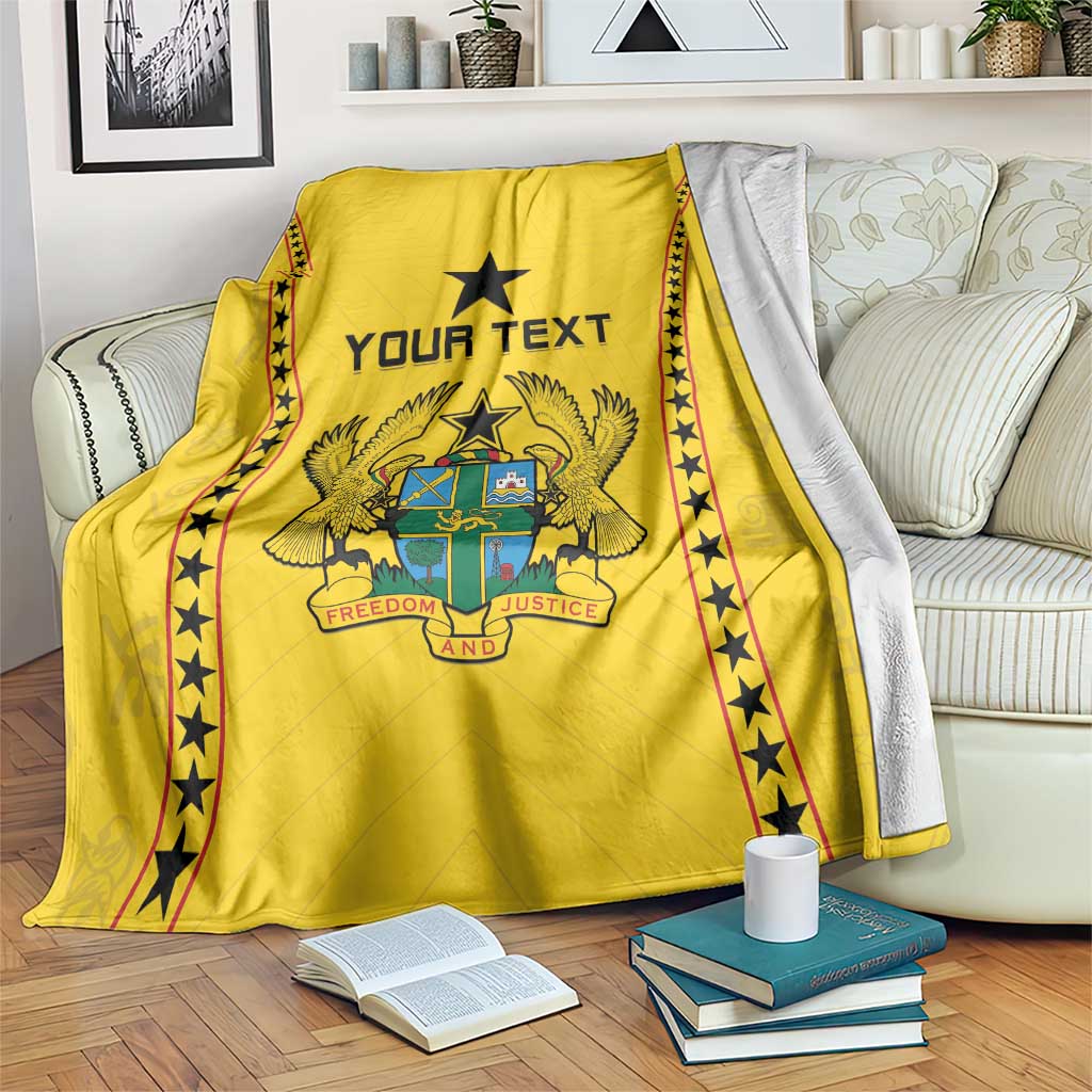 Yellow football blanket with black border stars and coat-of-arms graphic, 'YOUR TEXT'
