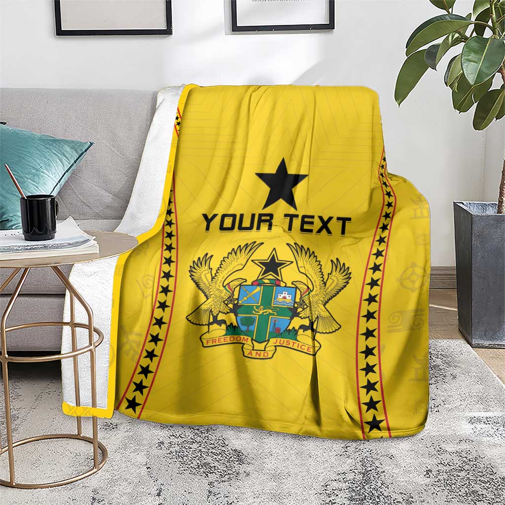Yellow football blanket draped with black star trim and 'YOUR TEXT' coat-of-arms