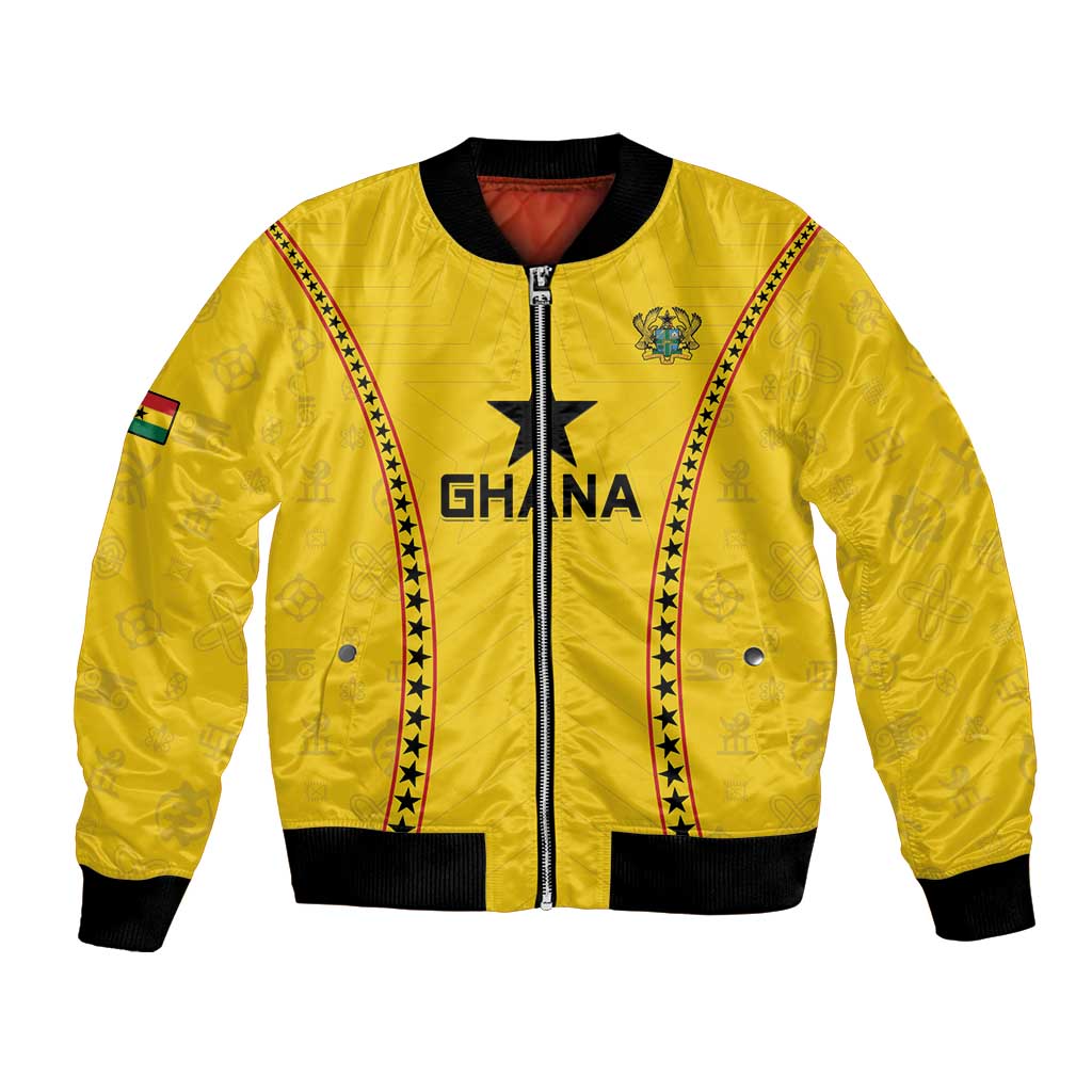Yellow unisex bomber jacket with black ribbed trim, front zipper, and Ghana emblem/star patch