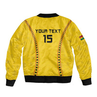 Yellow bomber jacket back with YOUR TEXT and number 15, black ribbed hem and sleeve cuffs