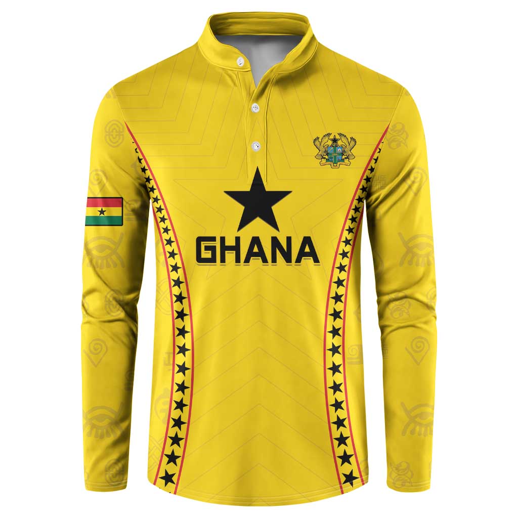 Yellow Ghana football button sweatshirt with black star, Ghana logo, and long sleeves