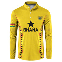 Yellow Ghana football button sweatshirt with black star, Ghana logo, and long sleeves