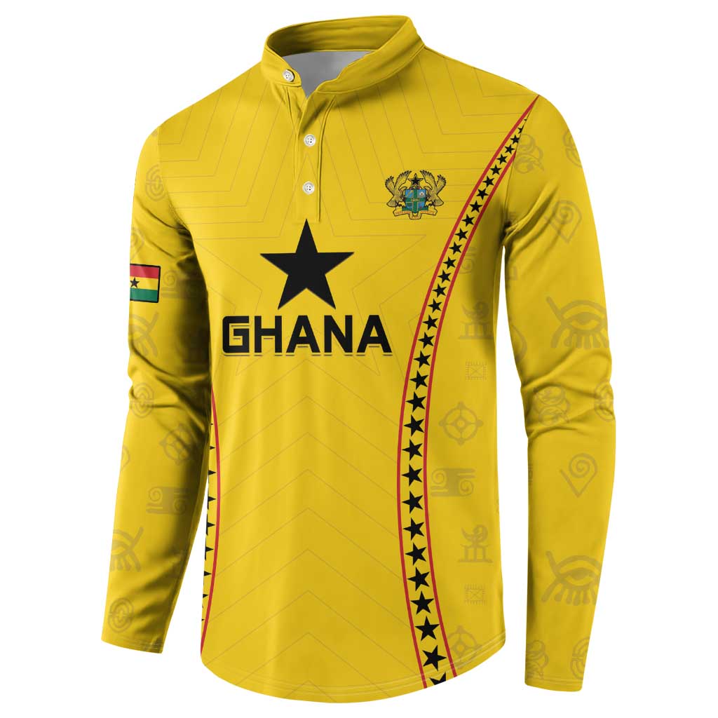 Yellow football button sweatshirt, angled view, with Ghana star and crest on chest