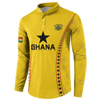 Yellow football button sweatshirt, angled view, with Ghana star and crest on chest