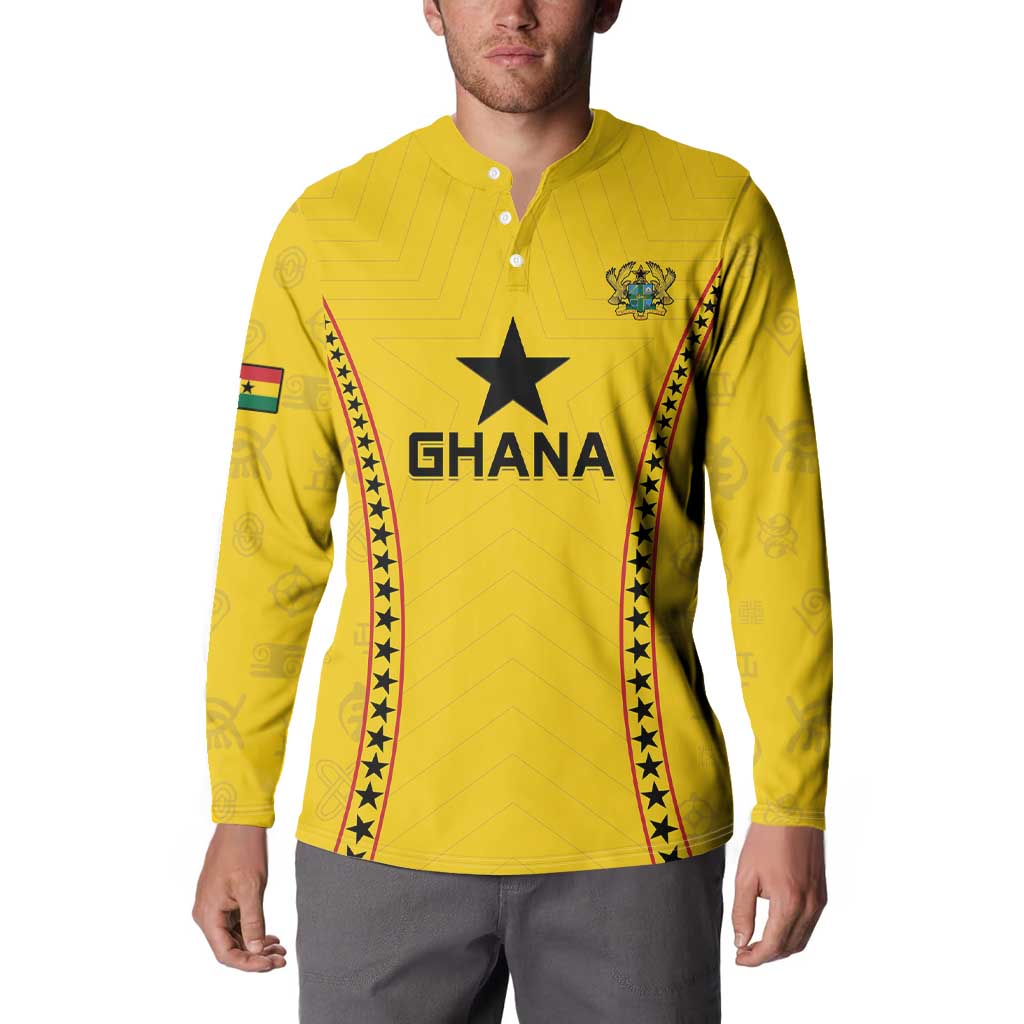 Yellow Ghana football button sweatshirt on model, front view with star and Ghana print