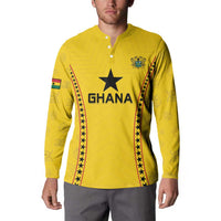 Yellow Ghana football button sweatshirt on model, front view with star and Ghana print
