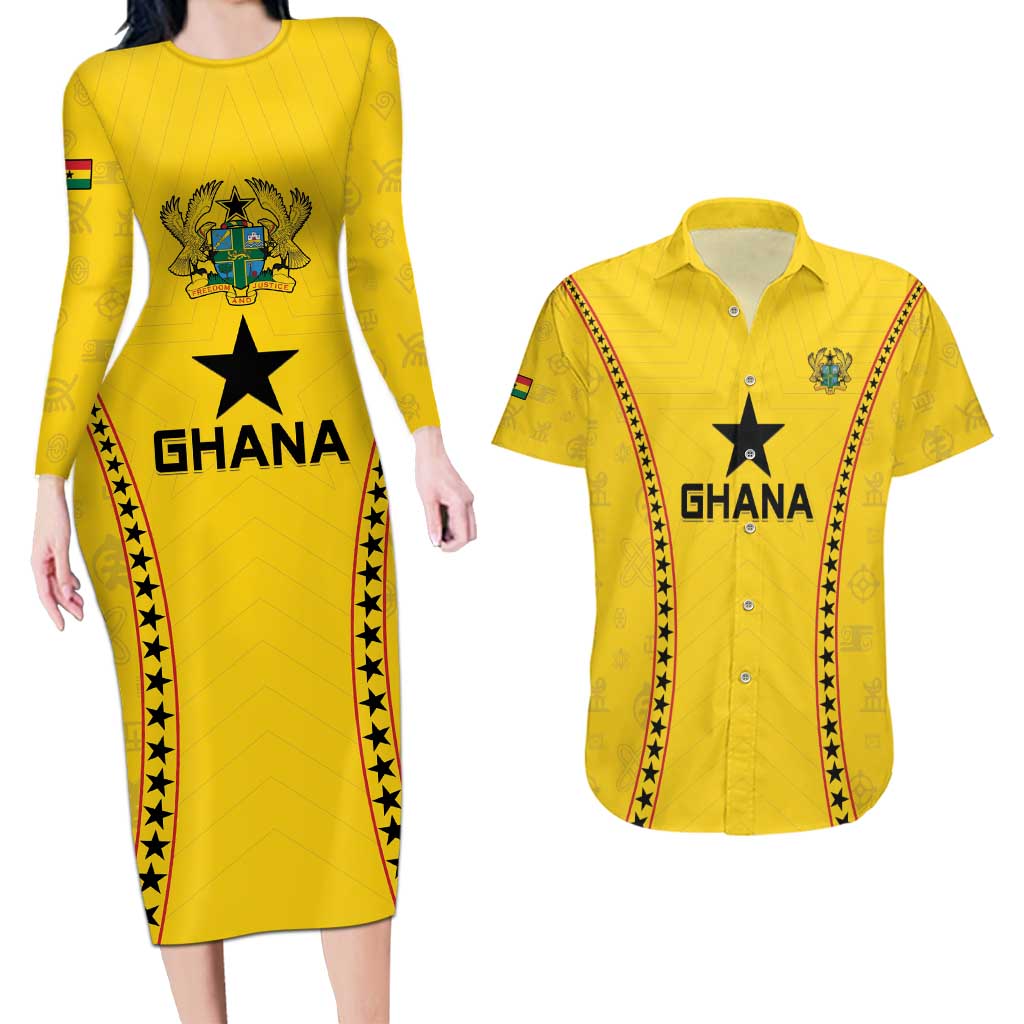 Custom Ghana Football Couples Matching Long Sleeve Bodycon Dress and Hawaiian Shirt Go Black Stars