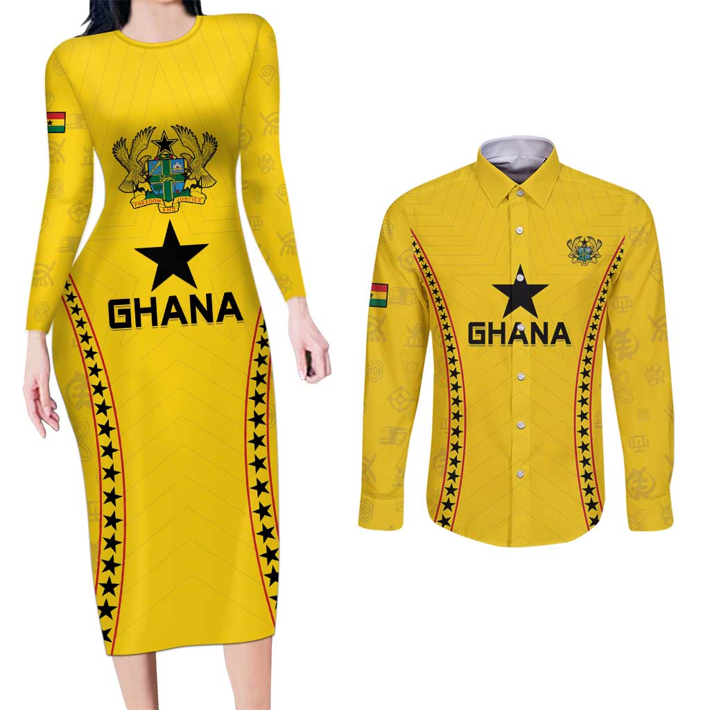 Custom Ghana Football Couples Matching Long Sleeve Bodycon Dress and Long Sleeve Button Shirt Go Black Stars