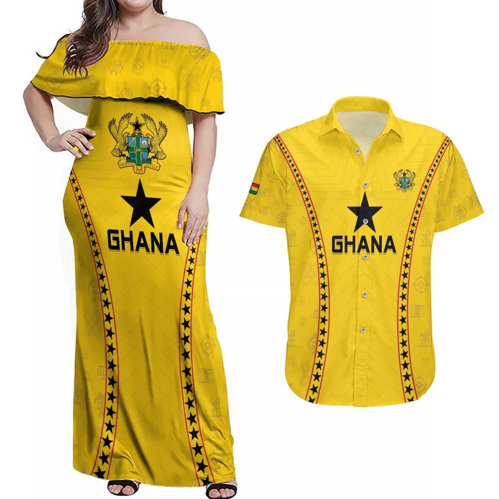 Custom Ghana Football Couples Matching Off Shoulder Maxi Dress and Hawaiian Shirt Go Black Stars