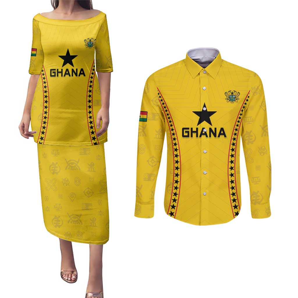 Custom Ghana Football Couples Matching Puletasi and Long Sleeve Button Shirt Go Black Stars