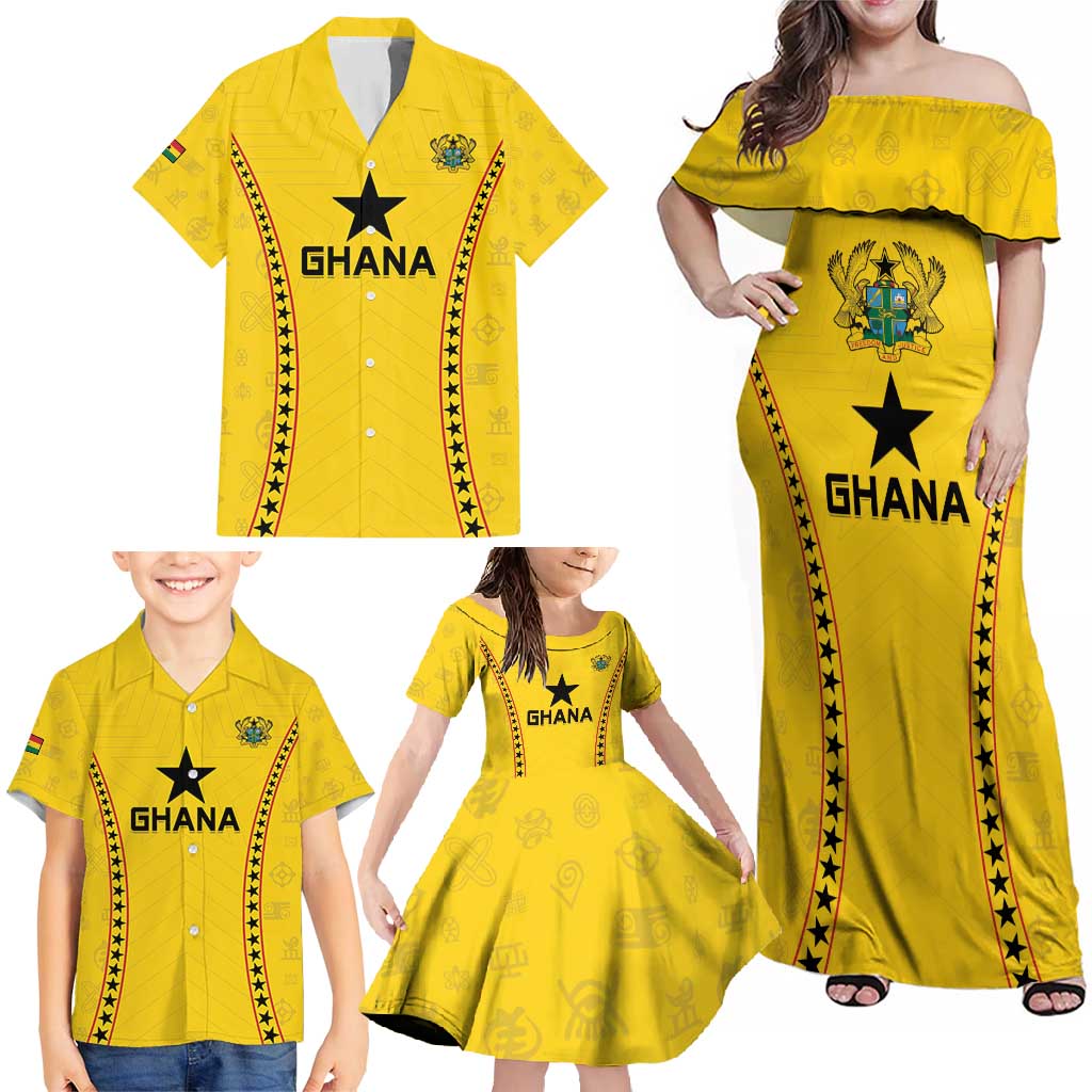 Custom Ghana Football Family Matching Off Shoulder Maxi Dress and Hawaiian Shirt Go Black Stars