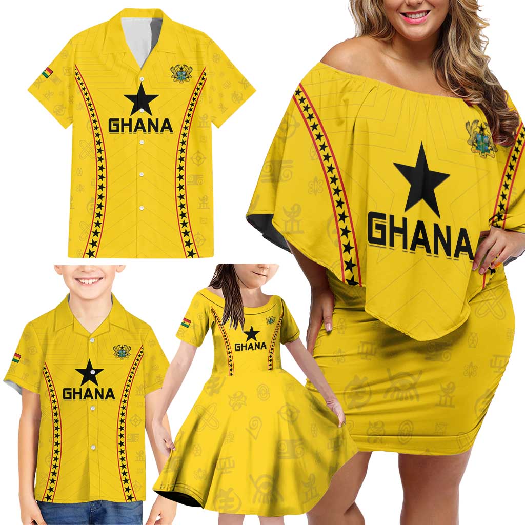 Custom Ghana Football Family Matching Off Shoulder Short Dress and Hawaiian Shirt Go Black Stars