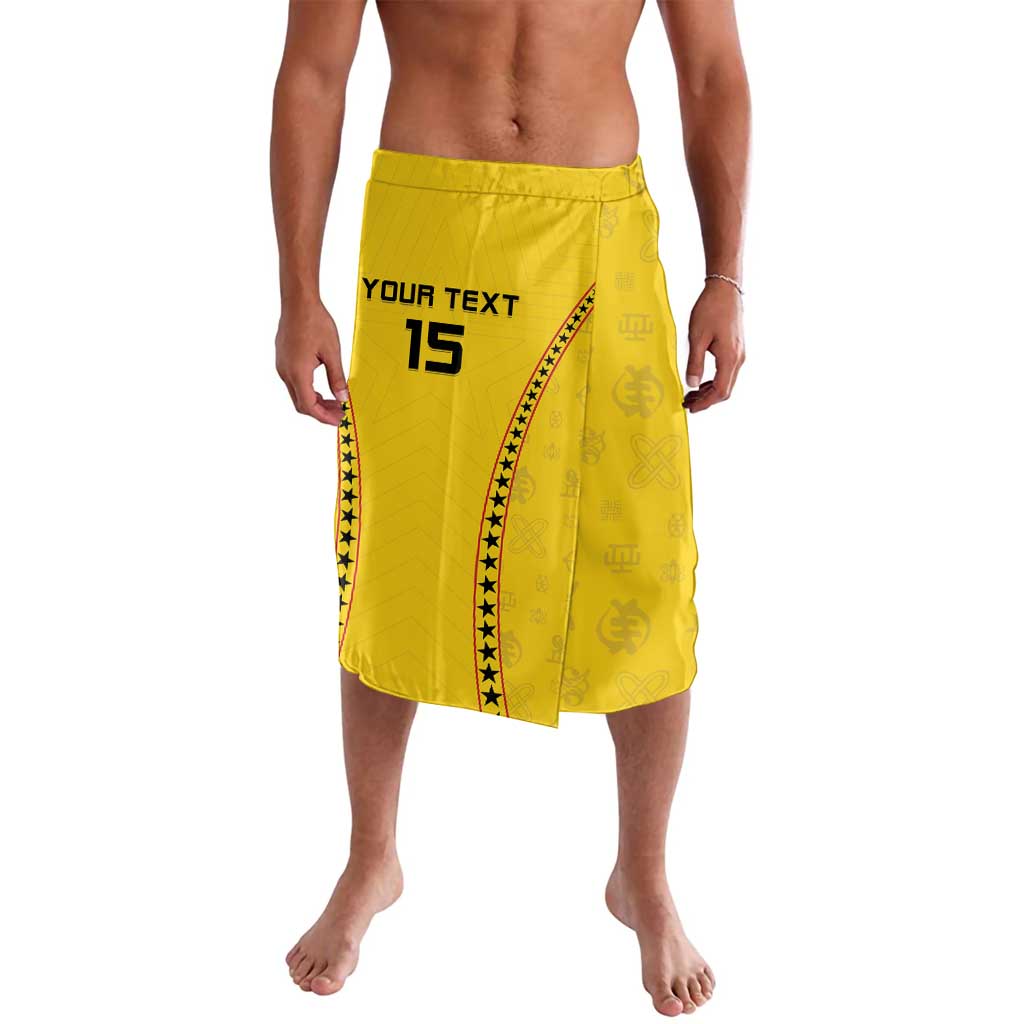 Yellow printed wrap skirt with drawstring waist, stars and number 15 on front