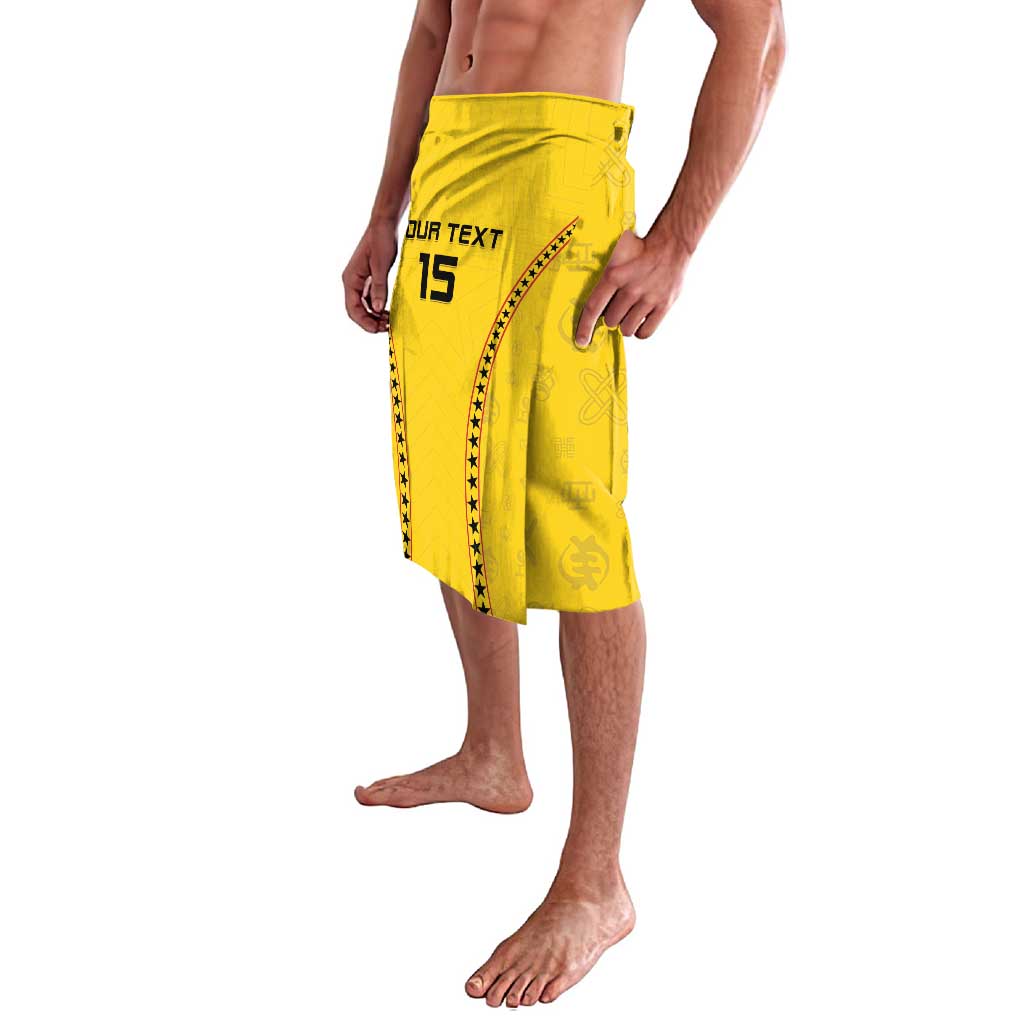 Yellow printed wrap skirt with drawstring waist, side stars stripe, number 15 on front