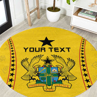 Round yellow custom print rug with star and crest, 'Your Text' centered