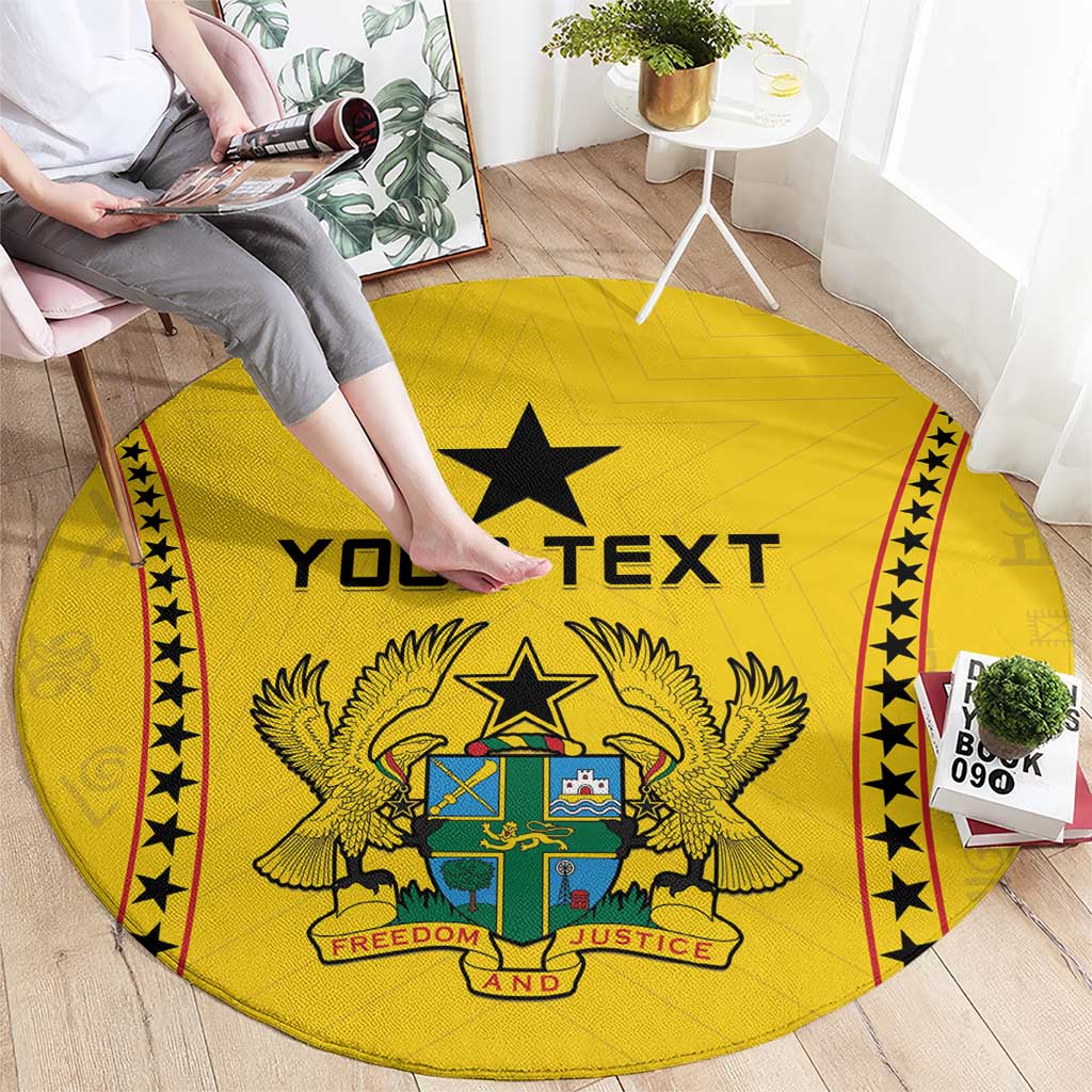 Round yellow custom rug with star crest and 'Your Text' text, border pattern