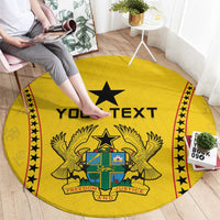Round yellow custom rug with star crest and 'Your Text' text, border pattern
