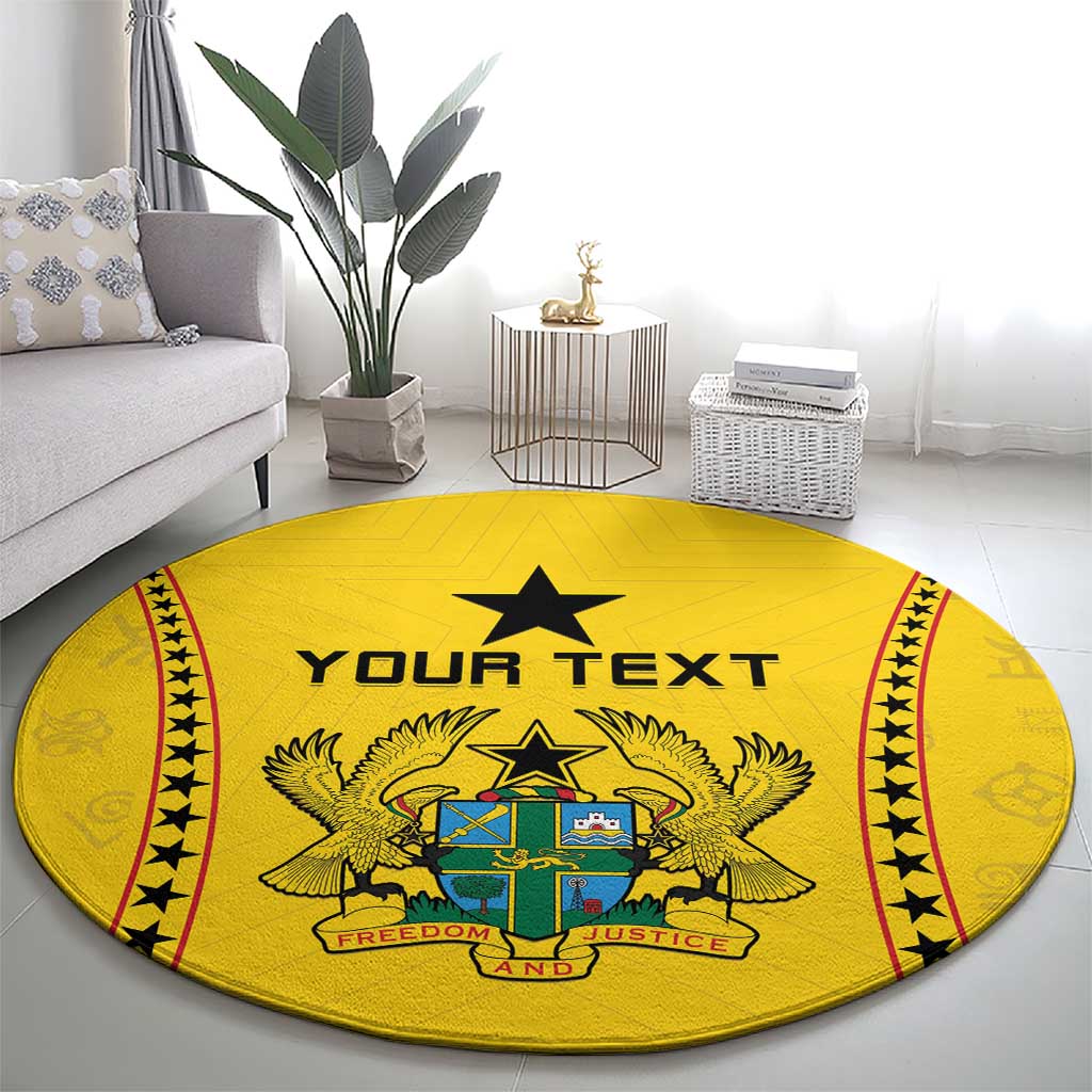Round yellow rug with black star, 'Your Text' and Ghana-themed crest illustration