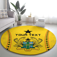 Round yellow rug with black star, 'Your Text' and Ghana-themed crest illustration