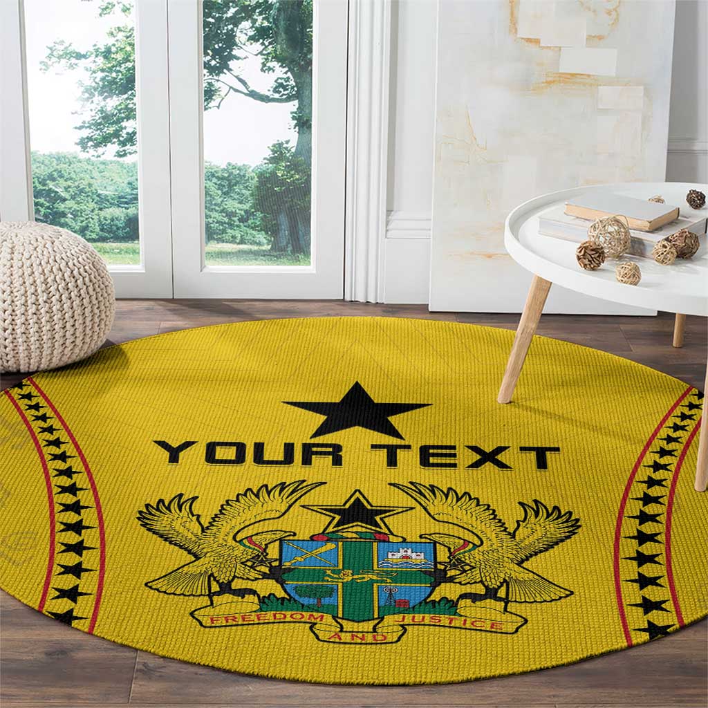 Round yellow custom print rug with star crest and 'Your Text' across the center