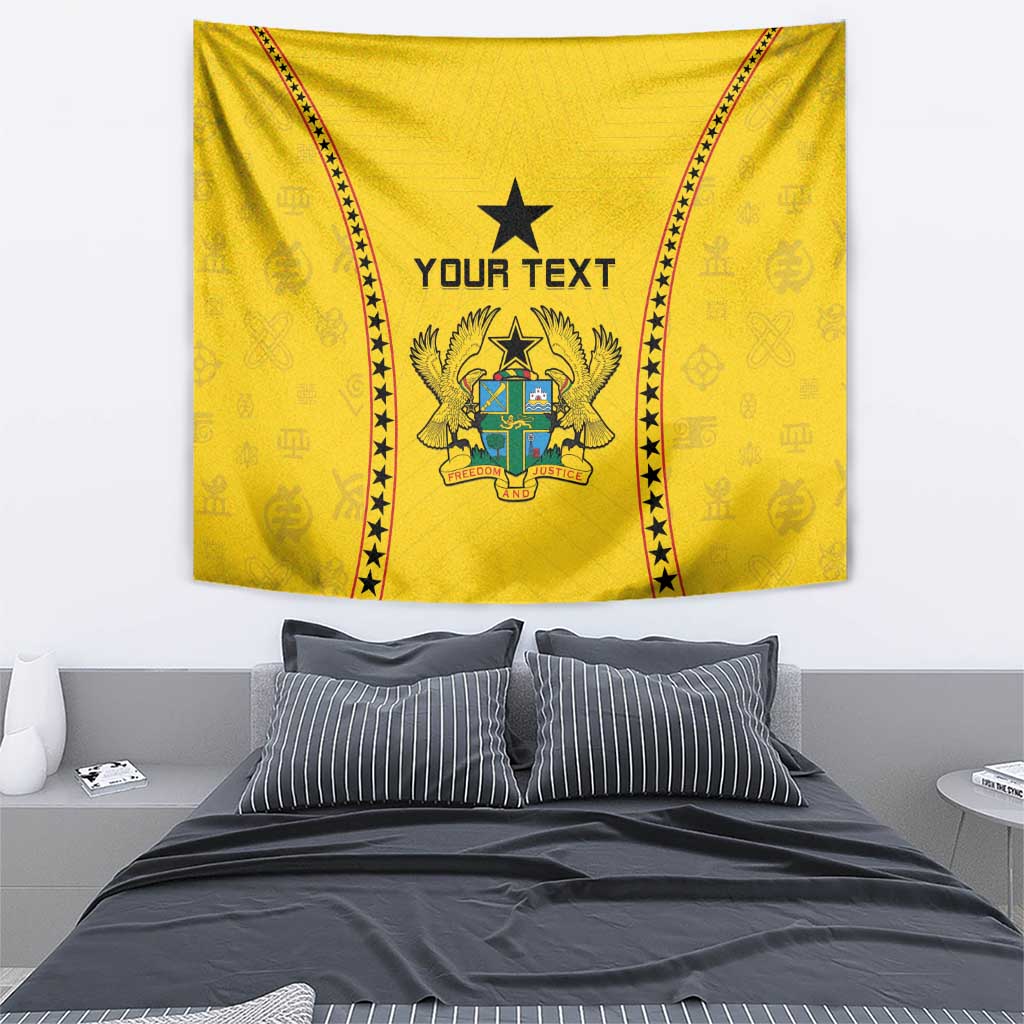 Yellow tapestry centered with black star and crest, red star-edged diagonals; 'YOUR TEXT'.