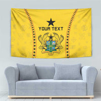 Yellow Ghana tapestry with black star, 'YOUR TEXT', and Freedom & Justice crest with wings.