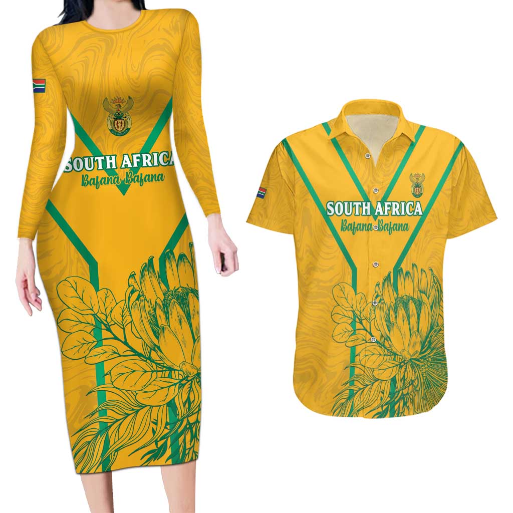 Custom South Africa Soccer Couples Matching Long Sleeve Bodycon Dress and Hawaiian Shirt Go Bafana Bafana