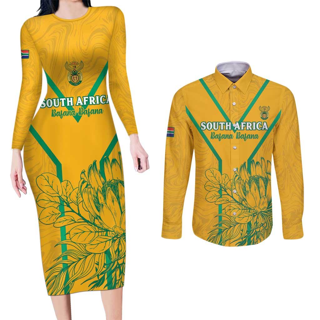 Custom South Africa Soccer Couples Matching Long Sleeve Bodycon Dress and Long Sleeve Button Shirt Go Bafana Bafana