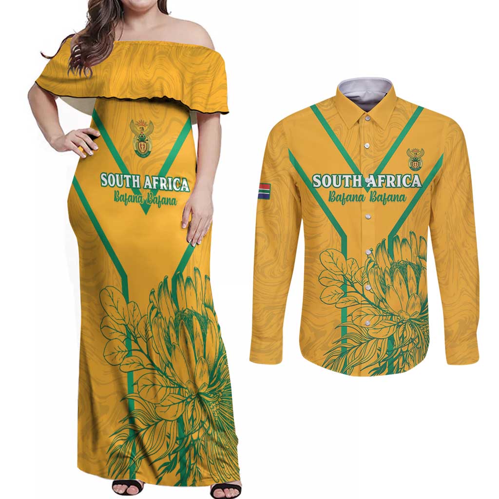 Custom South Africa Soccer Couples Matching Off Shoulder Maxi Dress and Long Sleeve Button Shirt Go Bafana Bafana