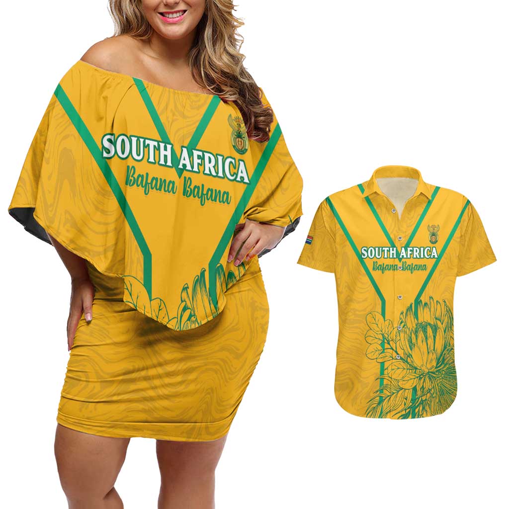 Custom South Africa Soccer Couples Matching Off Shoulder Short Dress and Hawaiian Shirt Go Bafana Bafana