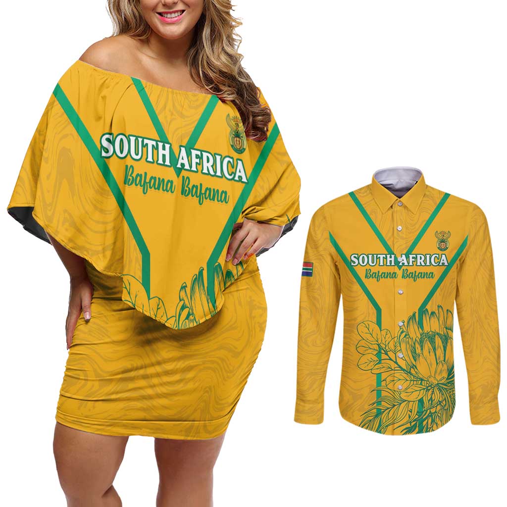 Custom South Africa Soccer Couples Matching Off Shoulder Short Dress and Long Sleeve Button Shirt Go Bafana Bafana