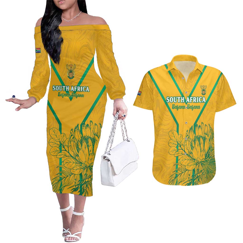 Custom South Africa Soccer Couples Matching Off The Shoulder Long Sleeve Dress and Hawaiian Shirt Go Bafana Bafana