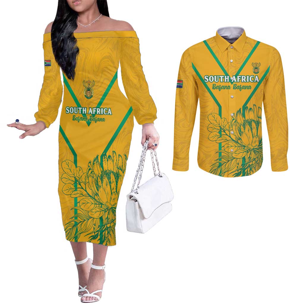 Custom South Africa Soccer Couples Matching Off The Shoulder Long Sleeve Dress and Long Sleeve Button Shirt Go Bafana Bafana