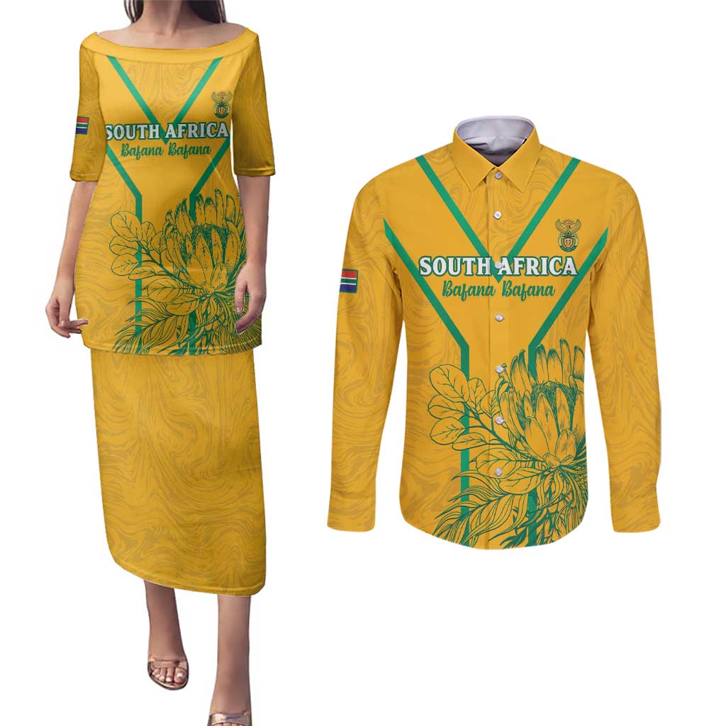 Custom South Africa Soccer Couples Matching Puletasi and Long Sleeve Button Shirt Go Bafana Bafana