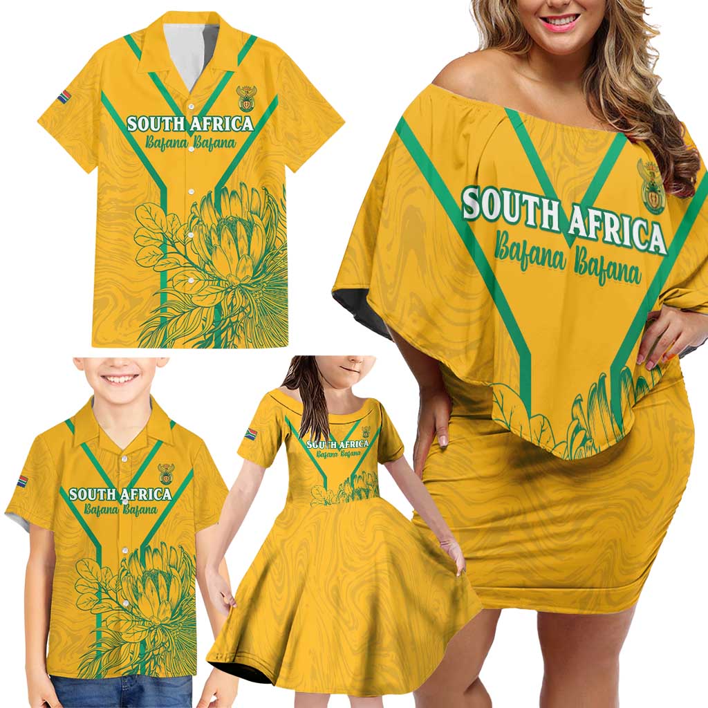 Custom South Africa Soccer Family Matching Off Shoulder Short Dress and Hawaiian Shirt Go Bafana Bafana