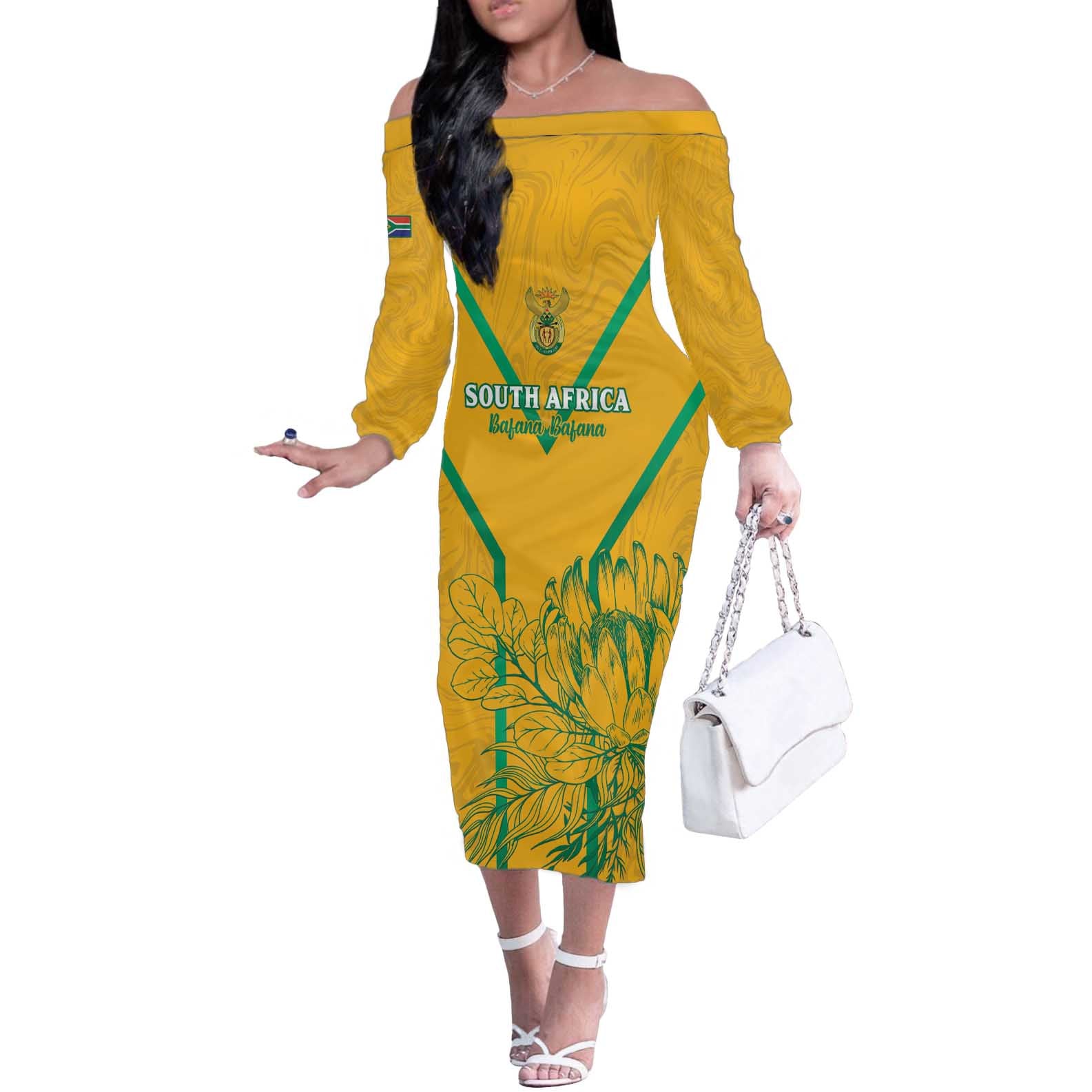 Custom South Africa Soccer Off The Shoulder Long Sleeve Dress Go Bafana Bafana