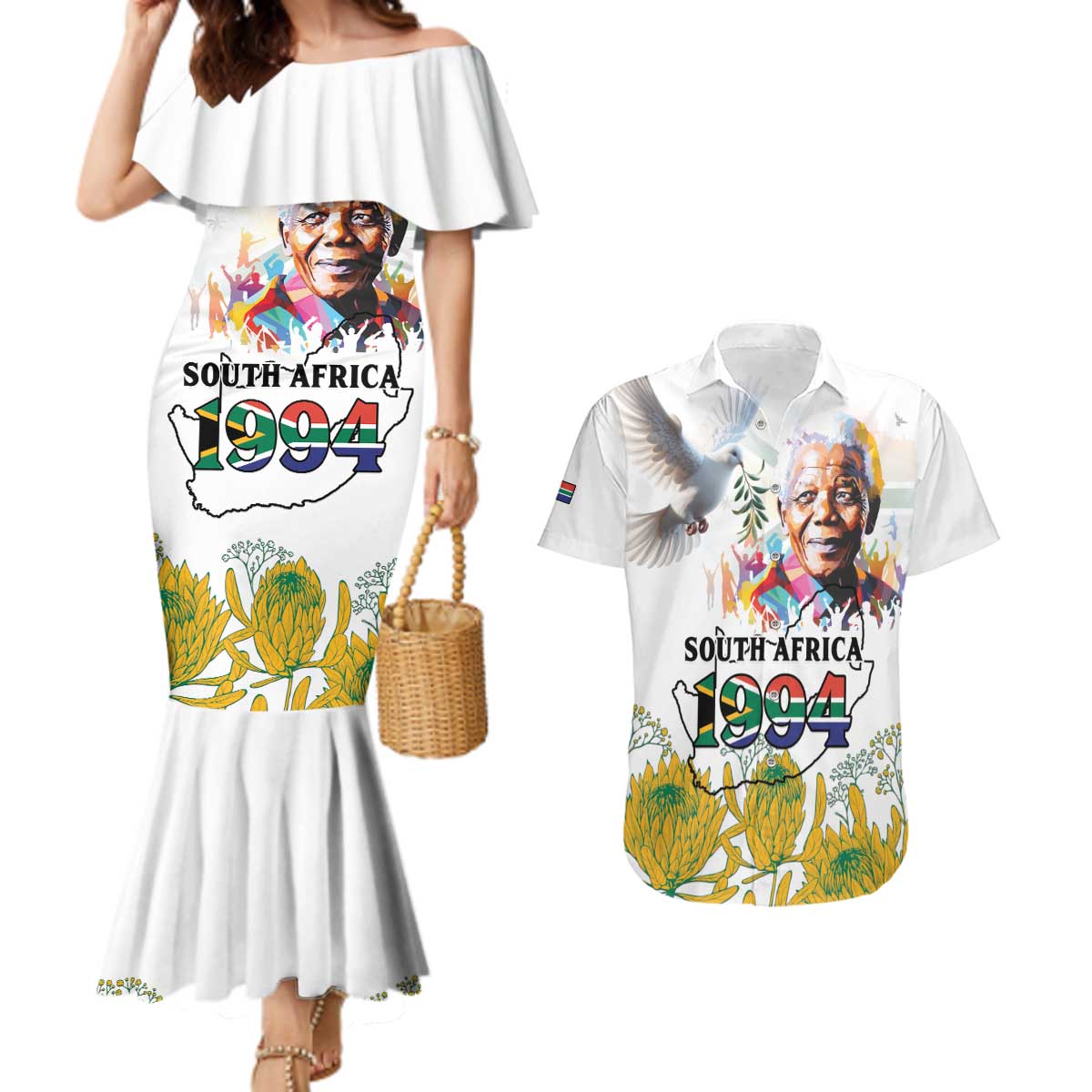 Happy South Africa Freedom Day Couples Matching Mermaid Dress and Hawaiian Shirt Nelson Mandela With Protea