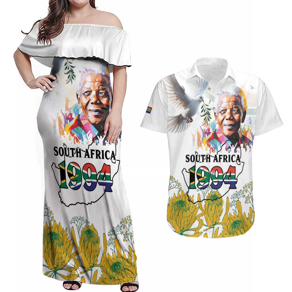 Happy South Africa Freedom Day Couples Matching Off Shoulder Maxi Dress and Hawaiian Shirt Nelson Mandela With Protea