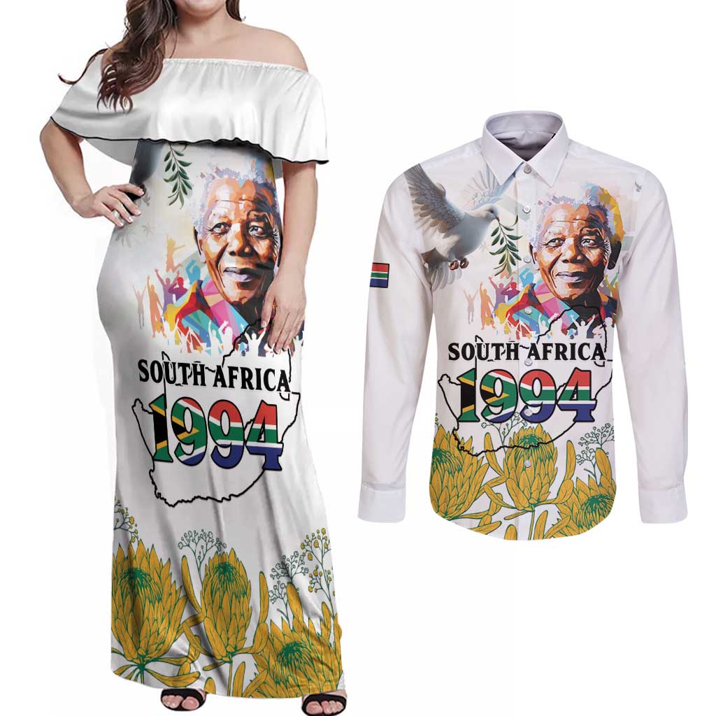 Happy South Africa Freedom Day Couples Matching Off Shoulder Maxi Dress and Long Sleeve Button Shirt Nelson Mandela With Protea