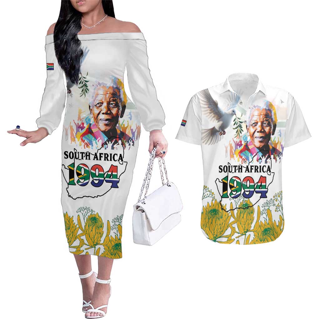 Happy South Africa Freedom Day Couples Matching Off The Shoulder Long Sleeve Dress and Hawaiian Shirt Nelson Mandela With Protea