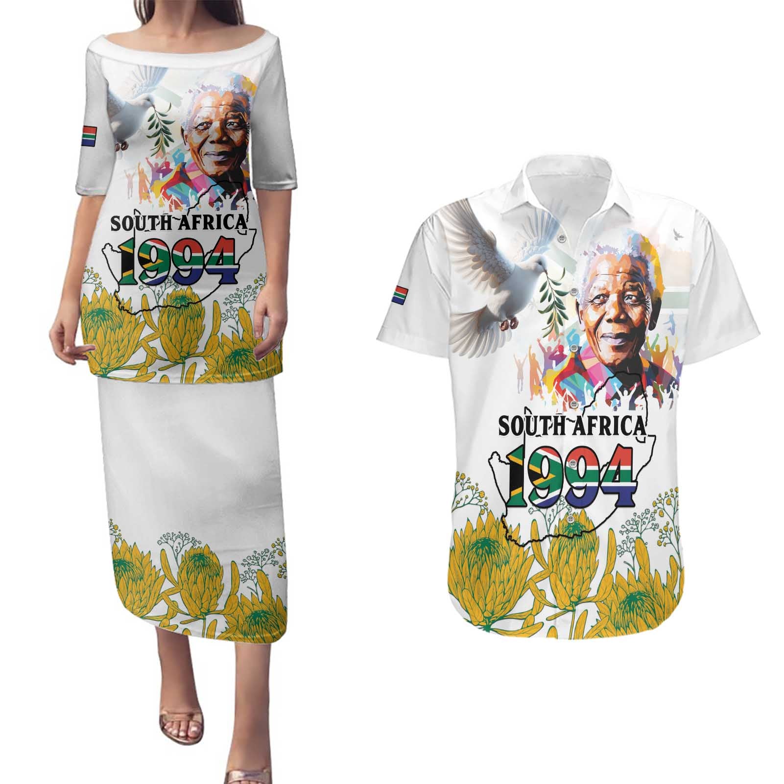 Happy South Africa Freedom Day Couples Matching Puletasi and Hawaiian Shirt Nelson Mandela With Protea