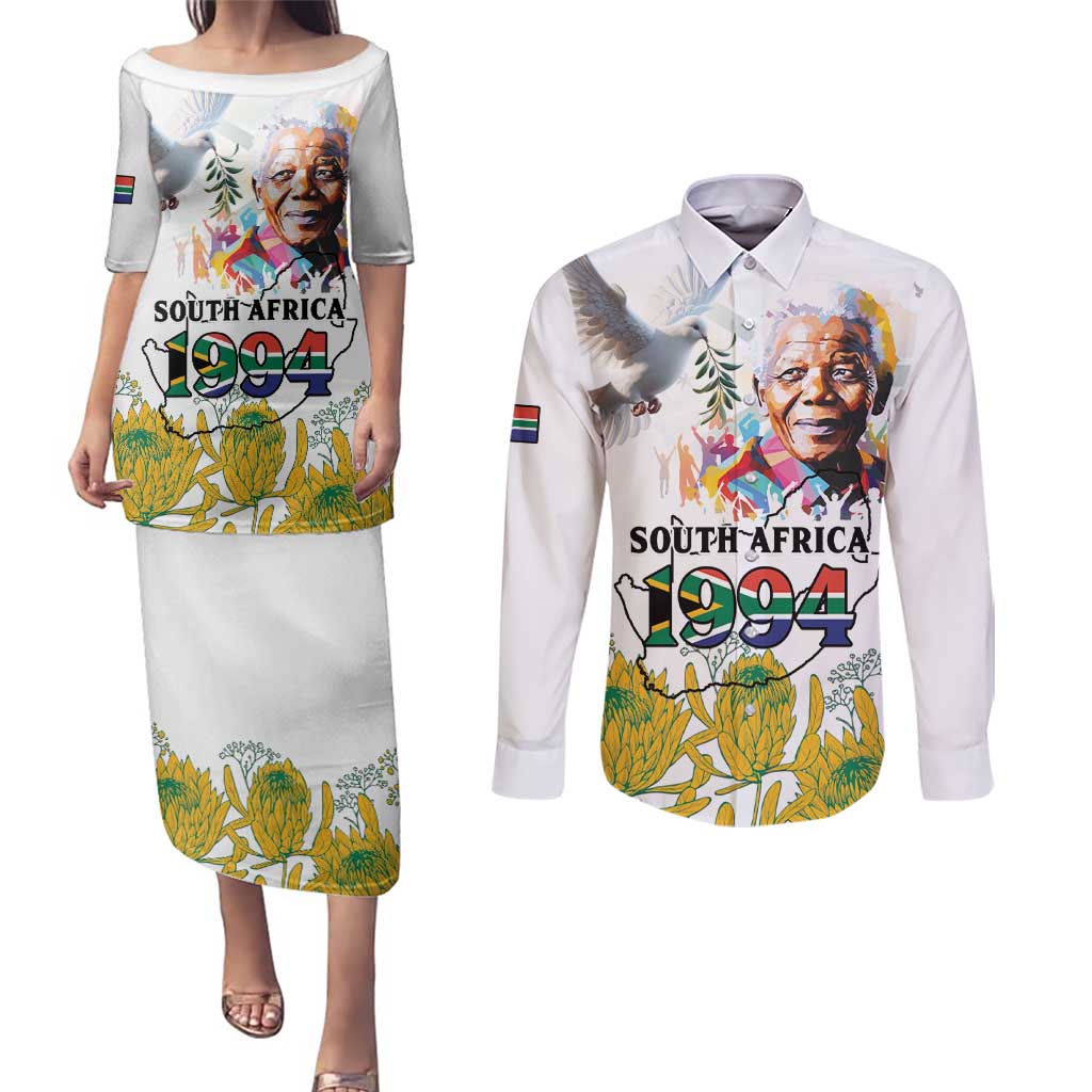 Happy South Africa Freedom Day Couples Matching Puletasi and Long Sleeve Button Shirt Nelson Mandela With Protea