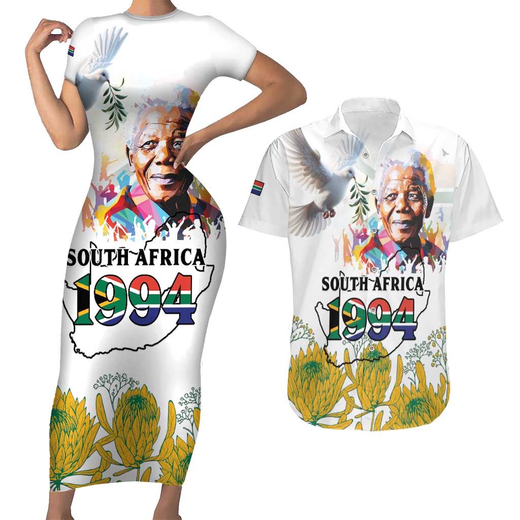 Happy South Africa Freedom Day Couples Matching Short Sleeve Bodycon Dress and Hawaiian Shirt Nelson Mandela With Protea