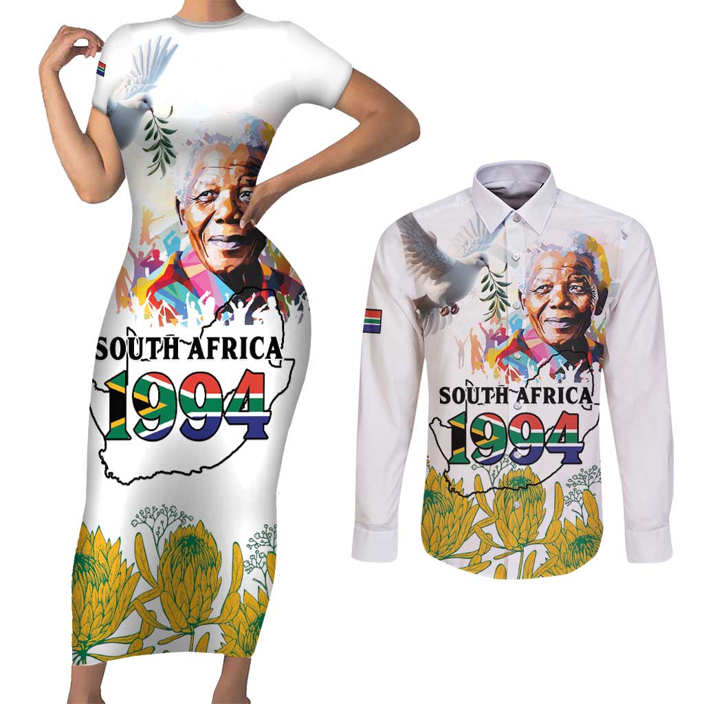 Happy South Africa Freedom Day Couples Matching Short Sleeve Bodycon Dress and Long Sleeve Button Shirt Nelson Mandela With Protea