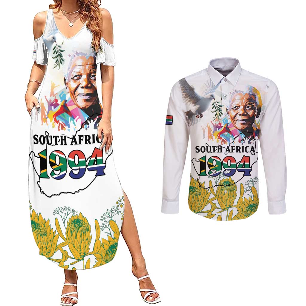 Happy South Africa Freedom Day Couples Matching Summer Maxi Dress and Long Sleeve Button Shirt Nelson Mandela With Protea