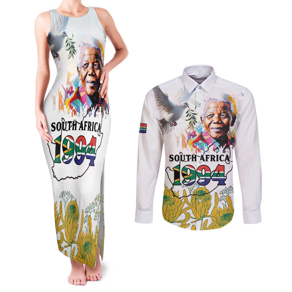 Happy South Africa Freedom Day Couples Matching Tank Maxi Dress and Long Sleeve Button Shirt Nelson Mandela With Protea