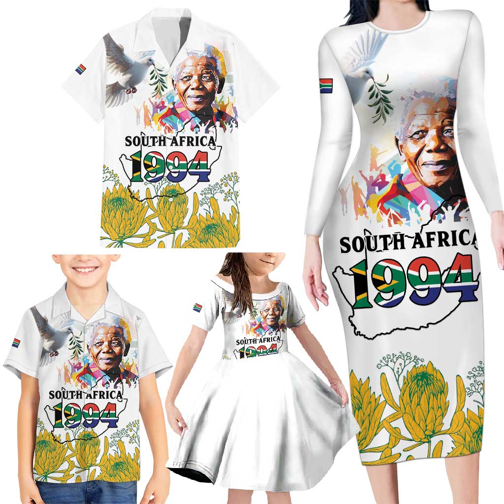 Happy South Africa Freedom Day Family Matching Long Sleeve Bodycon Dress and Hawaiian Shirt Nelson Mandela With Protea