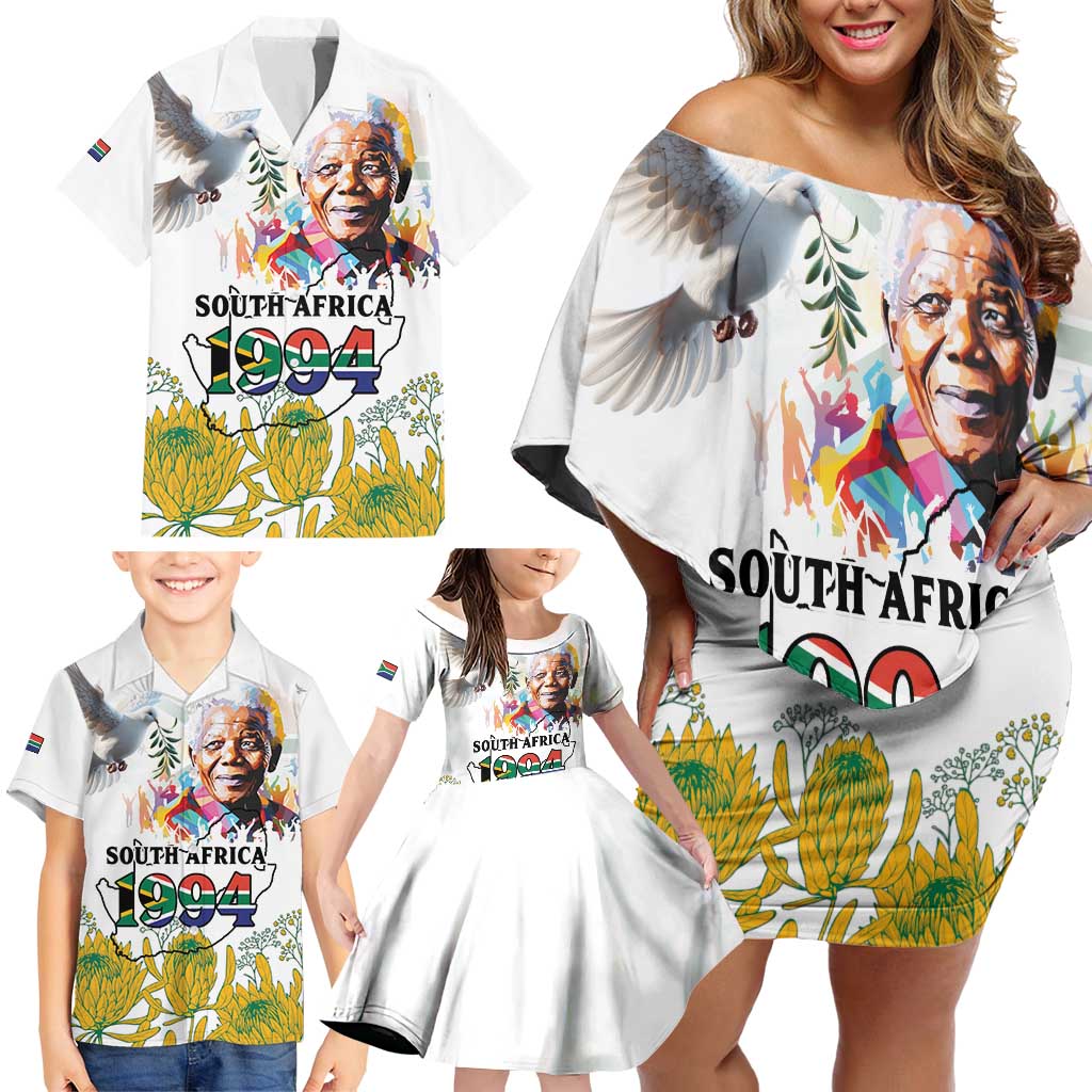 Happy South Africa Freedom Day Family Matching Off Shoulder Short Dress and Hawaiian Shirt Nelson Mandela With Protea