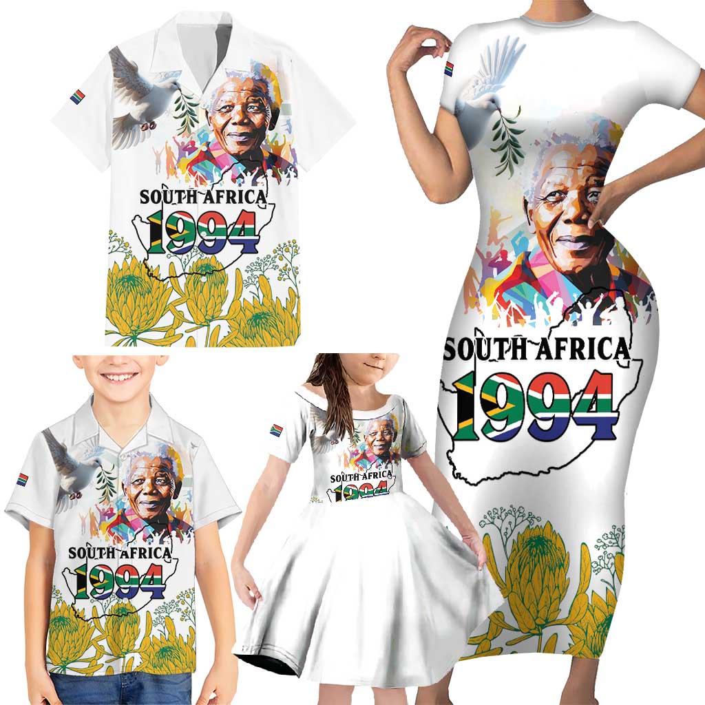 Happy South Africa Freedom Day Family Matching Short Sleeve Bodycon Dress and Hawaiian Shirt Nelson Mandela With Protea